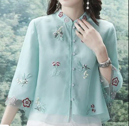Women's Pink Standing Neck Embroidery Patchwork Chiffon Top