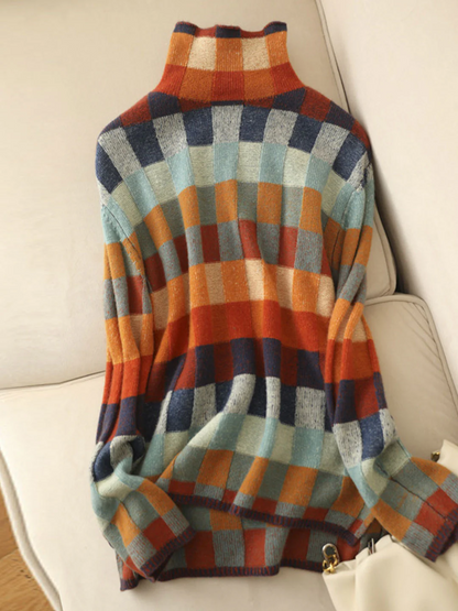 Loose high neck checkered knit sweater