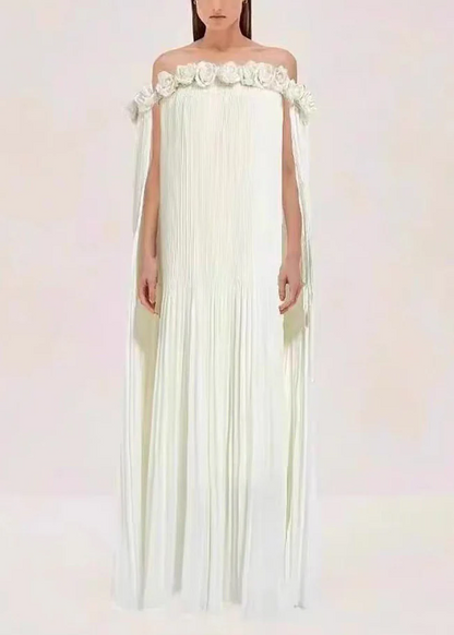 Wrinkled Cotton Long Dress with Red Slant Neck