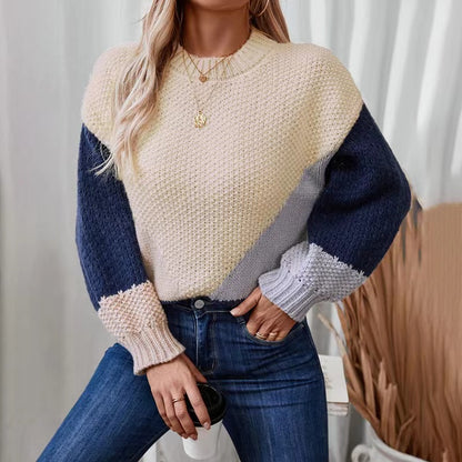 Pullover Crew Neck Colour Block Knit Sweater