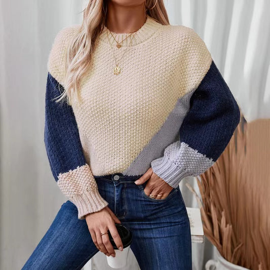 Pullover Crew Neck Colour Block Knit Sweater