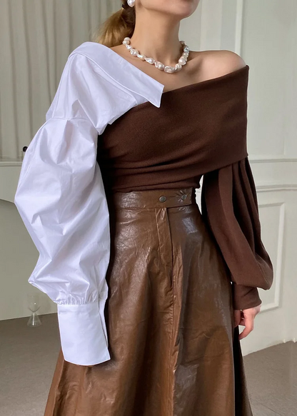 Women's Holiday Party Brown Asymmetric Patchwork Cotton Knit Top