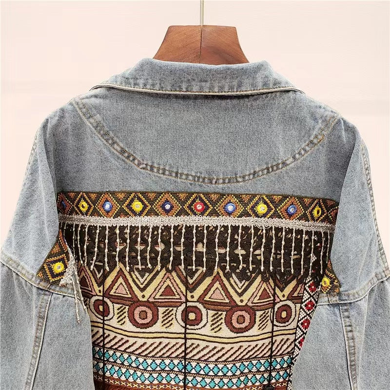 Loose Fringe Embroidered Beaded Denim Jacket