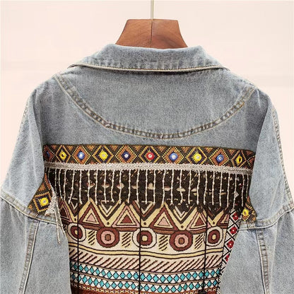Loose Fringe Embroidered Beaded Denim Jacket