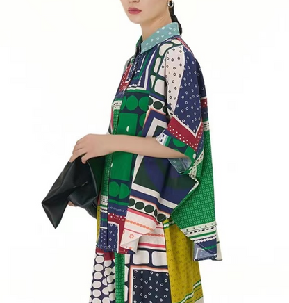 Fashion Geometric Print Lapel Short Sleeve Shirt Top