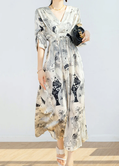 Elegant V-Neck Printed Waist Tie Chiffon Long Dress