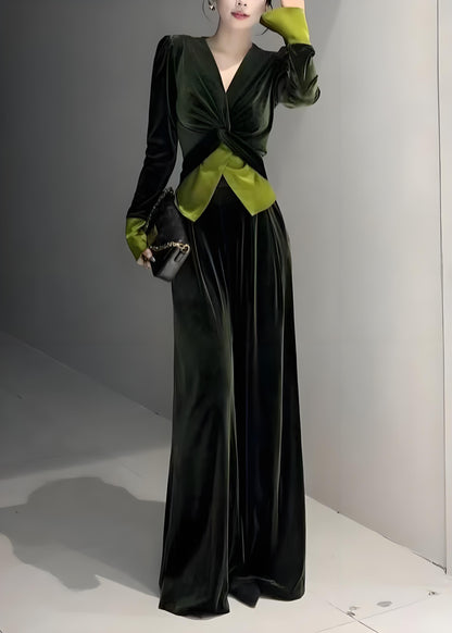 Women's Green V-Neck Velvet Two-Piece Set Spring