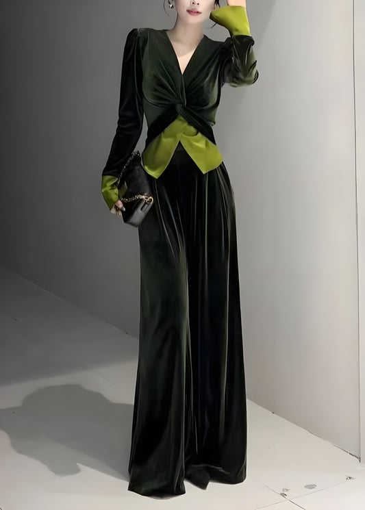 Women's Green V-Neck Velvet Two-Piece Set Spring
