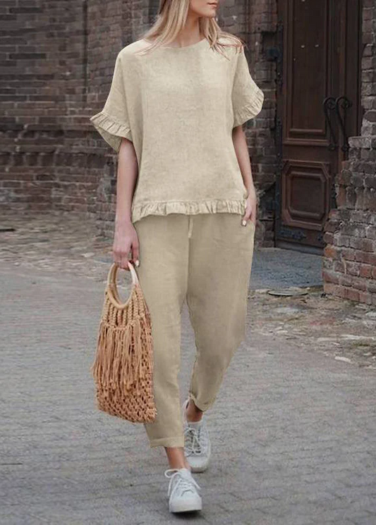 Khaki ruffled patchwork top and cropped pants two-piece set with short sleeves