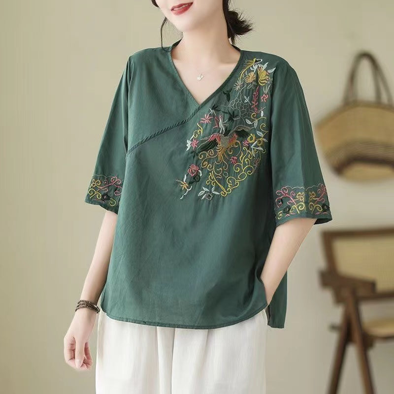 Loose V-Neck Embroidered Short Sleeve Shirt Top
