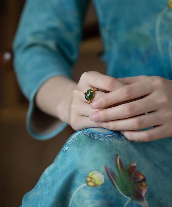 Women's Green Sterling Silver Gold Plated Jade Ring Versatile
