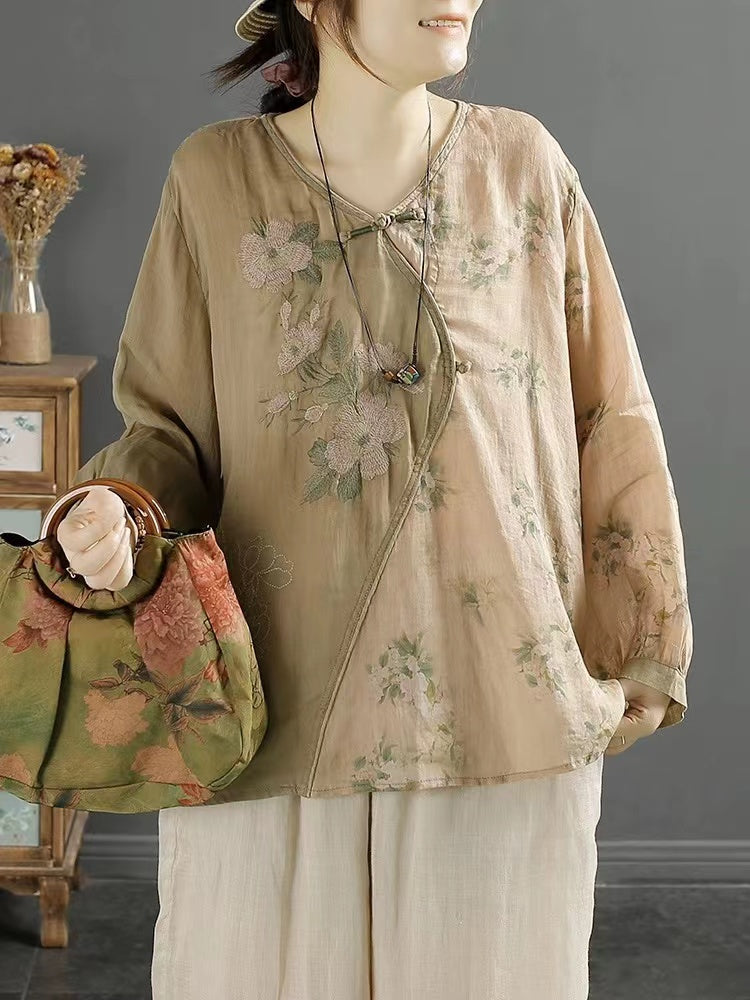 Fashion Embroidery Asymmetric Patchwork Cotton Long Sleeve Shirt Top