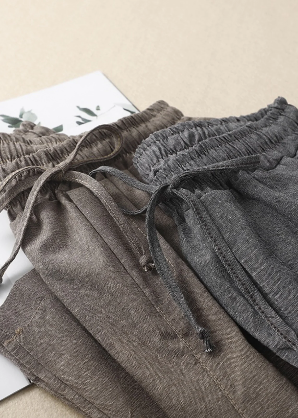 Khaki Elastic Waistband Linen Trousers