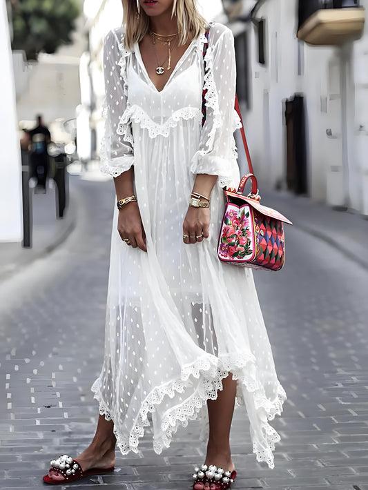 French jacquard polka dot see through long sleeve extra long dress