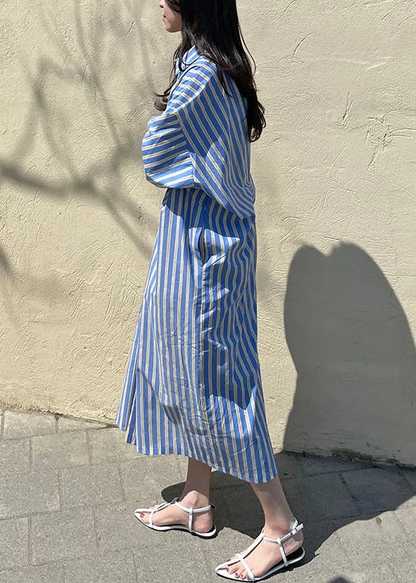 Women's Casual Beach Blue Striped Button Down Cotton Shirt Dresses