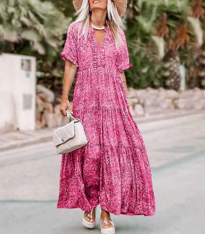 V-Neck Printed Ruffle Short Sleeve Long Dress