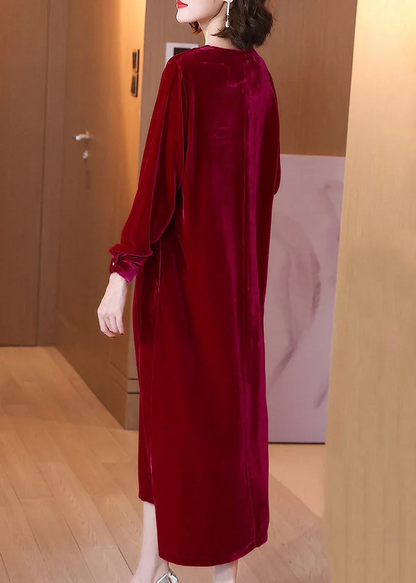 Women's Loose Solid Color Pocket Velvet Dress Long Sleeve