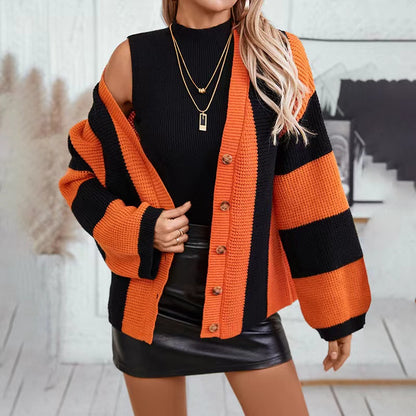 Loose Cardigan Orange Stripe Knitted Sweater