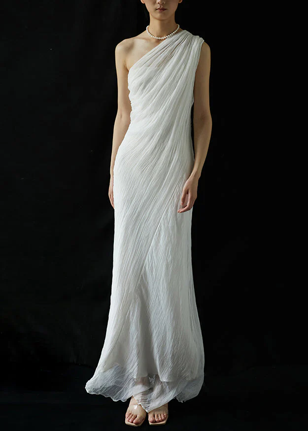 Women's Italian White One Shoulder Ruched Long Dress Summer