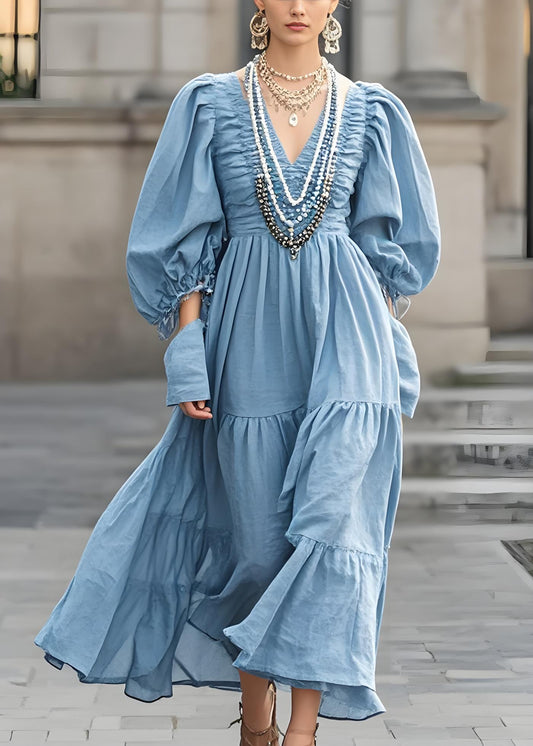 Women's Italian Blue V-Neck Pleated Cotton Maxi Dress