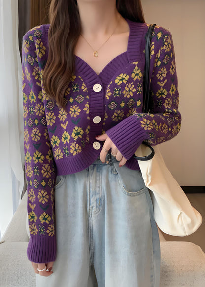 Women's Original Purple V-Neck Button Printed Knit Short Cardigan Spring