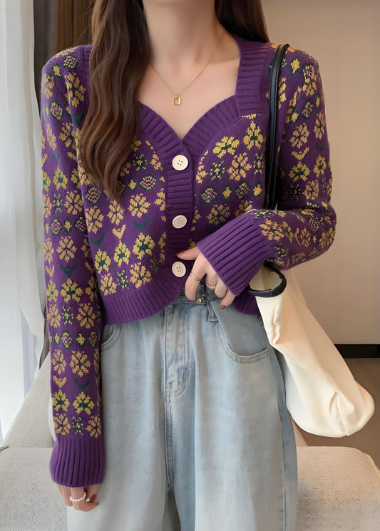 Women's Original Purple V-Neck Button Printed Knit Short Cardigan Spring