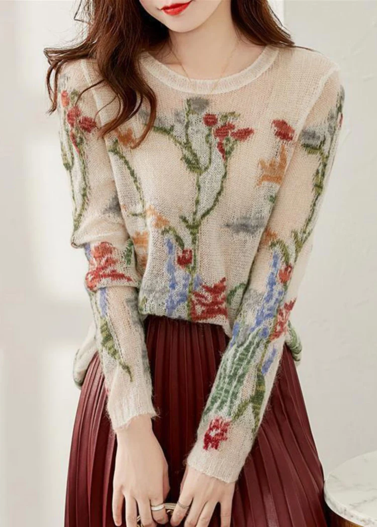 French O-Neck Floral Cutout Knit Sweater