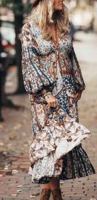 Bohemian V-Neck Printed Bubble Sleeve Dress