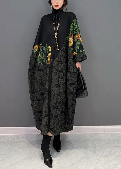 Women's Black Drawstring Patchwork Printed Coat Spring