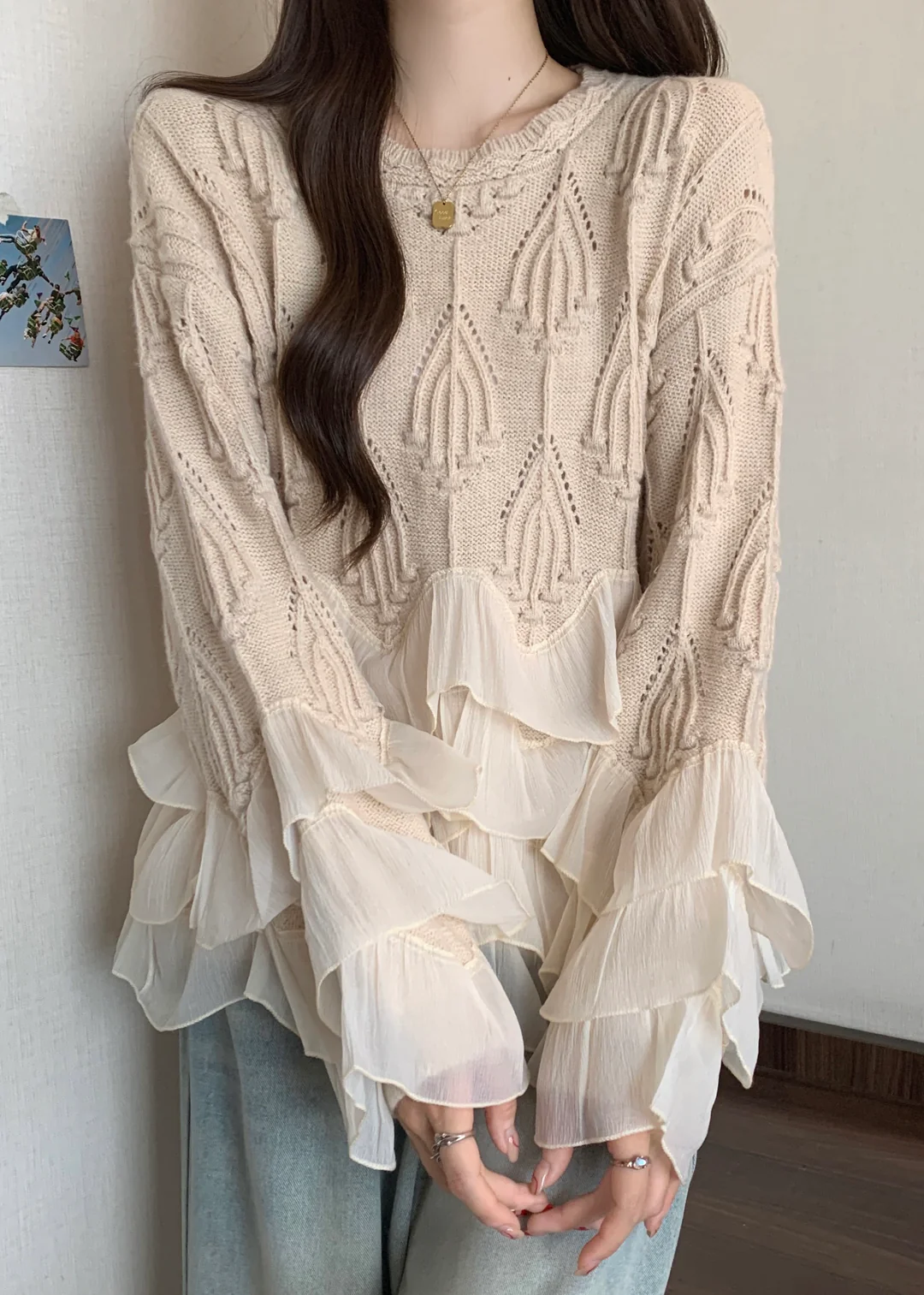 Women's Mom Party Apricot Ruffle Patchwork Knit Sweater Top