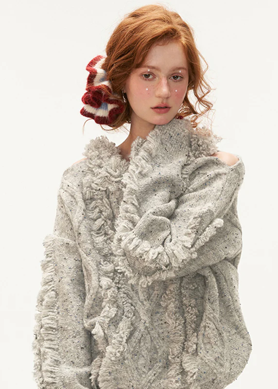 Women's Loose Strapless Fringed Thick Cotton Knit Sweater