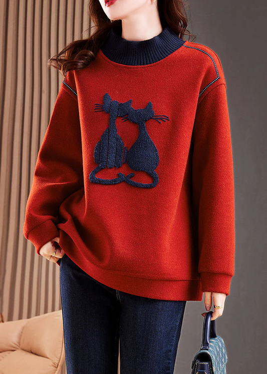 Elegant High Neck Patchwork Cotton Pullover Sweater