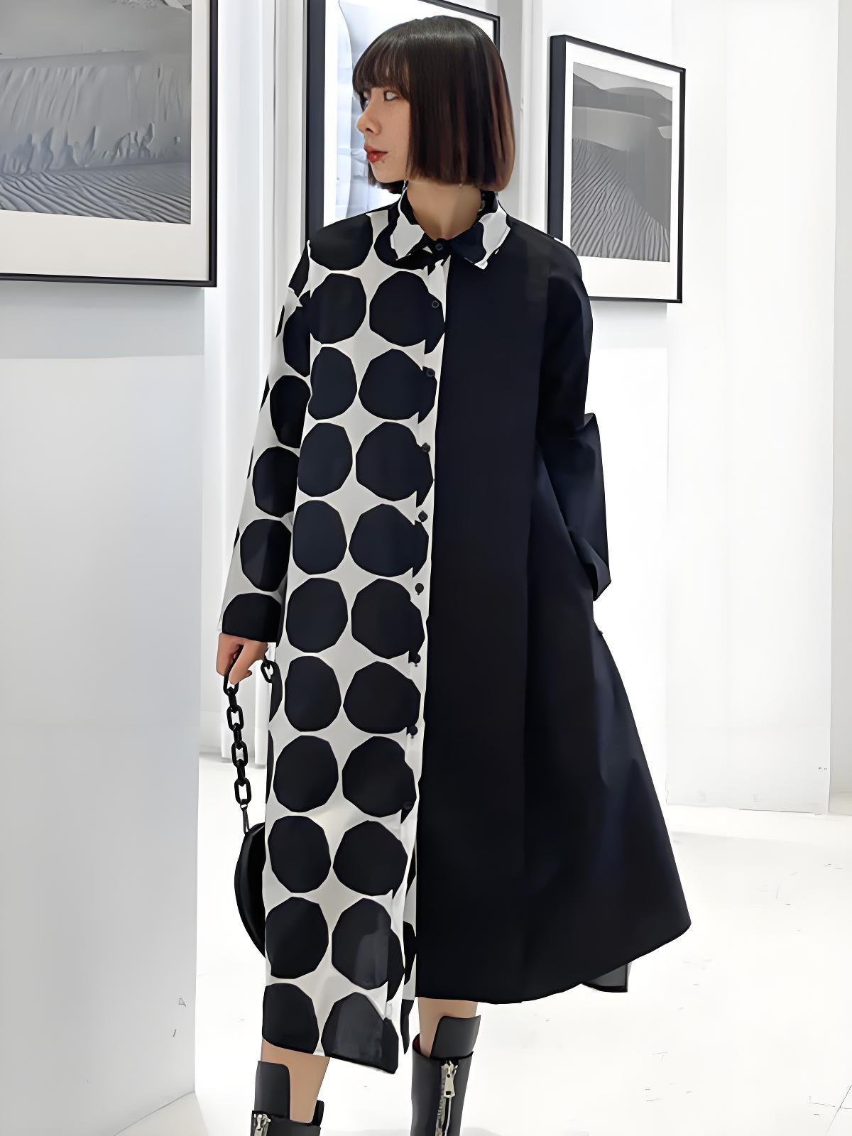 Irregular Polka Dot Splicing Button Lapel Long Sleeve Dress Spring