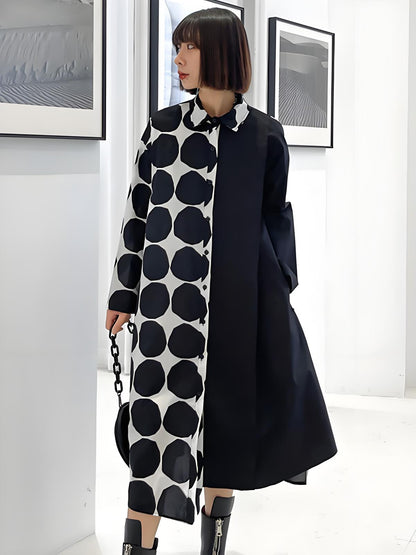 Irregular Polka Dot Splicing Button Lapel Long Sleeve Dress Spring