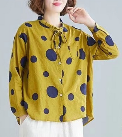 Casual Literary Linen Ruffle Neck Shirt Top
