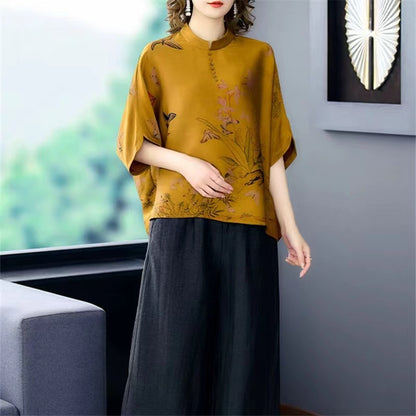 Elegant Standing Collar Printed Silk Blouse Top