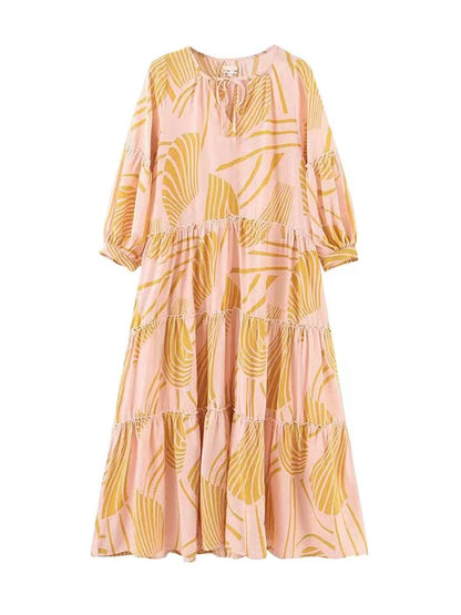 French V-Neck Printed Bubble Sleeve Dress