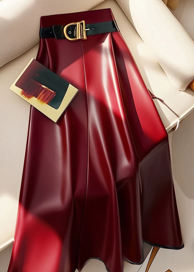 Women's Red Belt Solid Color High Waist Faux Leather Skirt
