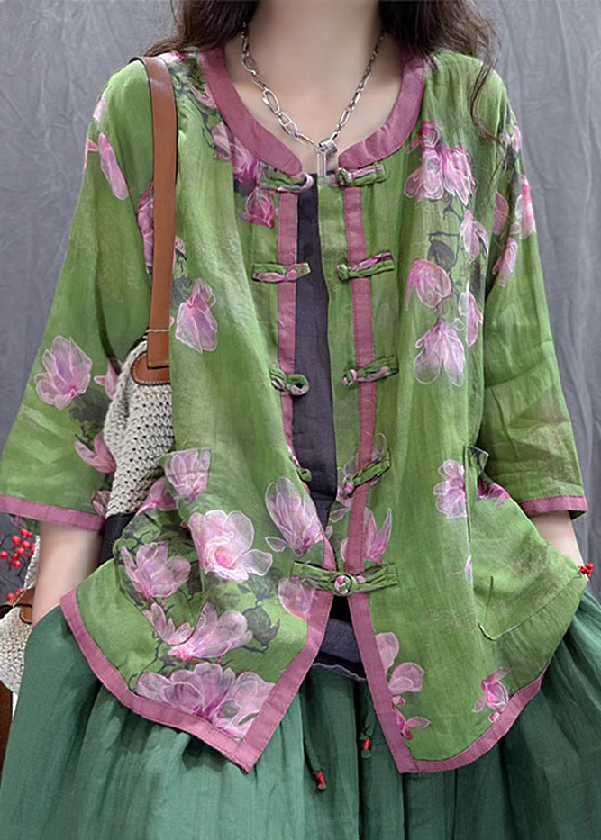 Women's Loose Printed Chinese Buttoned Cotton Shirt Long Sleeve Top