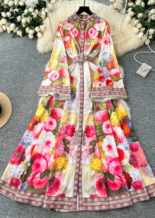 Women's Bohemian White Floral Print Cotton Flared Sleeve Dress