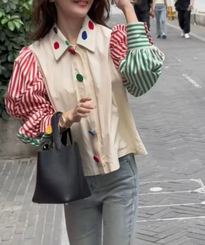 French Lapel Colorblocked Striped Shirt Top