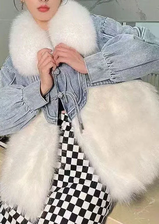 Women's Fringed Denim Patchwork Furry Fur Puffy Jacket