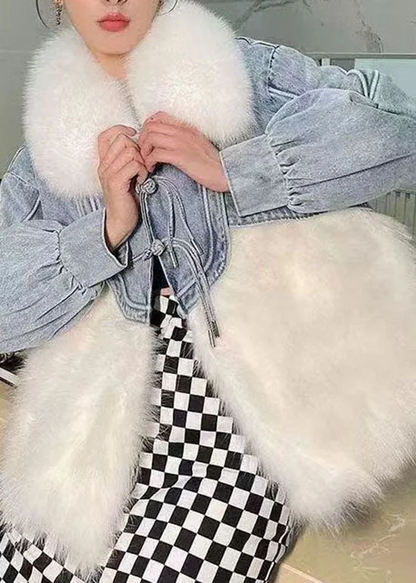 Women's Fringed Denim Patchwork Furry Fur Puffy Jacket