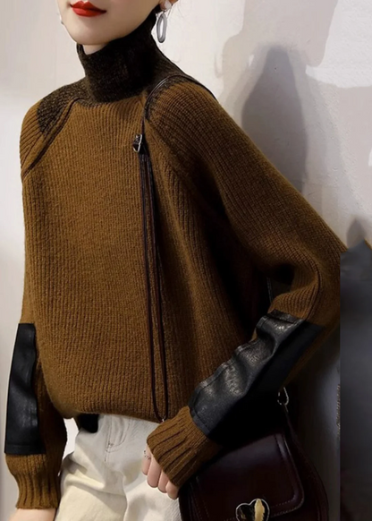 Italian Coffee Turtleneck Patchwork Knit Sweater Top