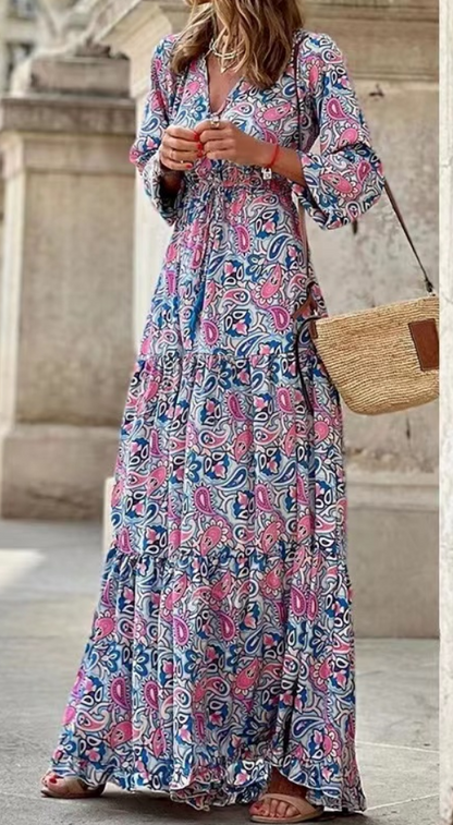 Vintage Printed V-Neck Long Sleeve Long Dresses