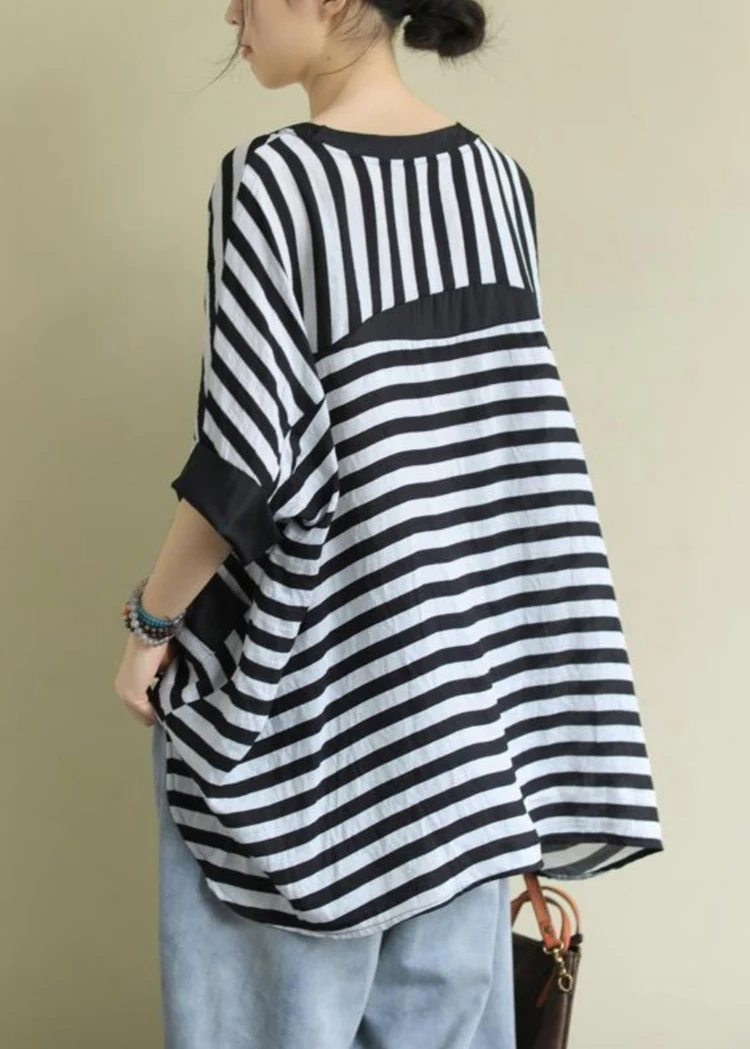Plus Size Collar Striped Low Height Design Cotton Shirt Top