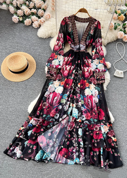 Women's V-neck Printed Elastic Waist Chiffon Long Skirt Spring