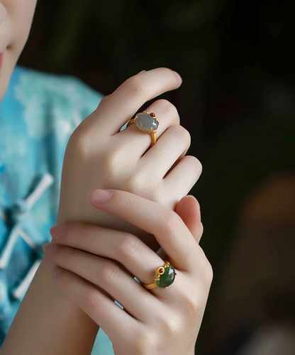 Women's Green Sterling Silver Gold Plated Jade Ring Versatile