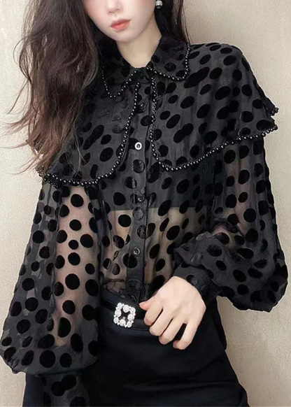 Women's Polka Dot Black Peter Pan Collar Beaded Patchwork Velvet Shirt