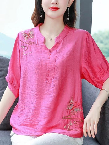 Loose Standing Collar Embroidered Button Cotton Short Sleeve Shirt Top